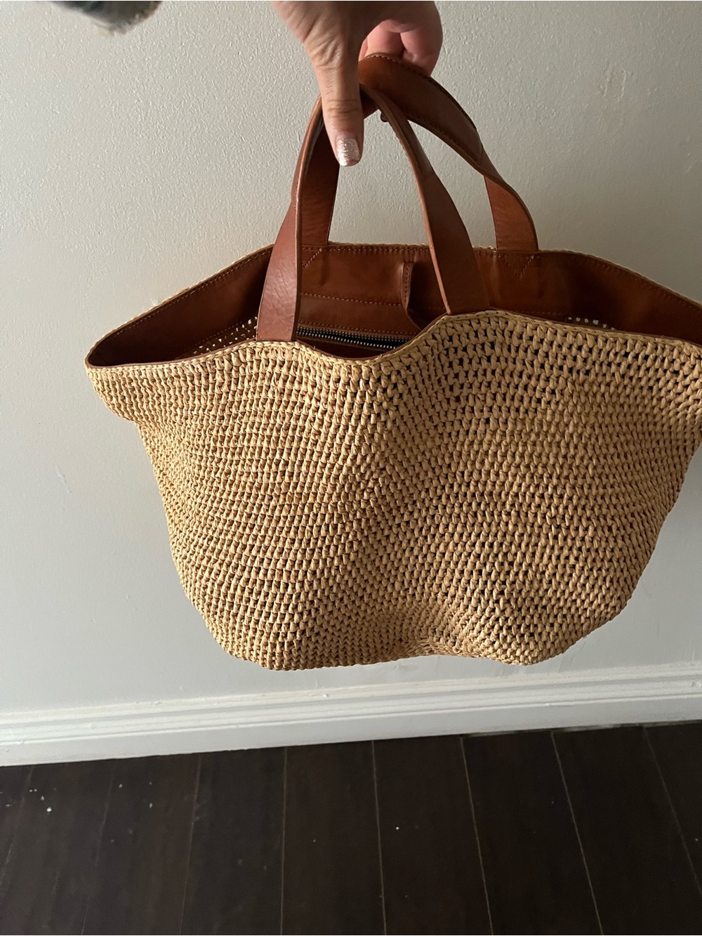 Woven Straw Tote with Brown Leather Handles - Picture 2 of 5